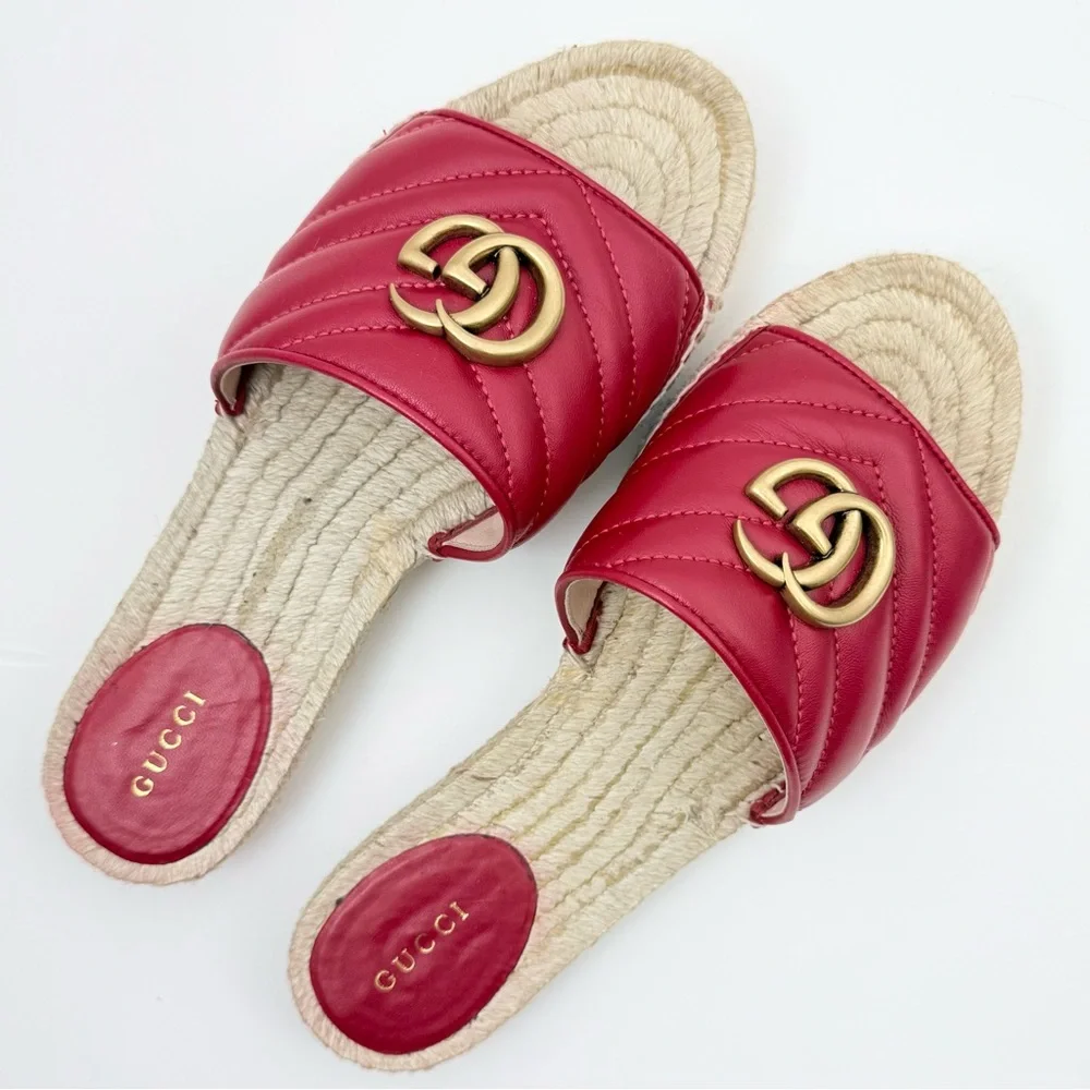 Gucci Charlotte Matelesse Espadrille Marmont Slide Sandal Hibiscus Red Leather 8